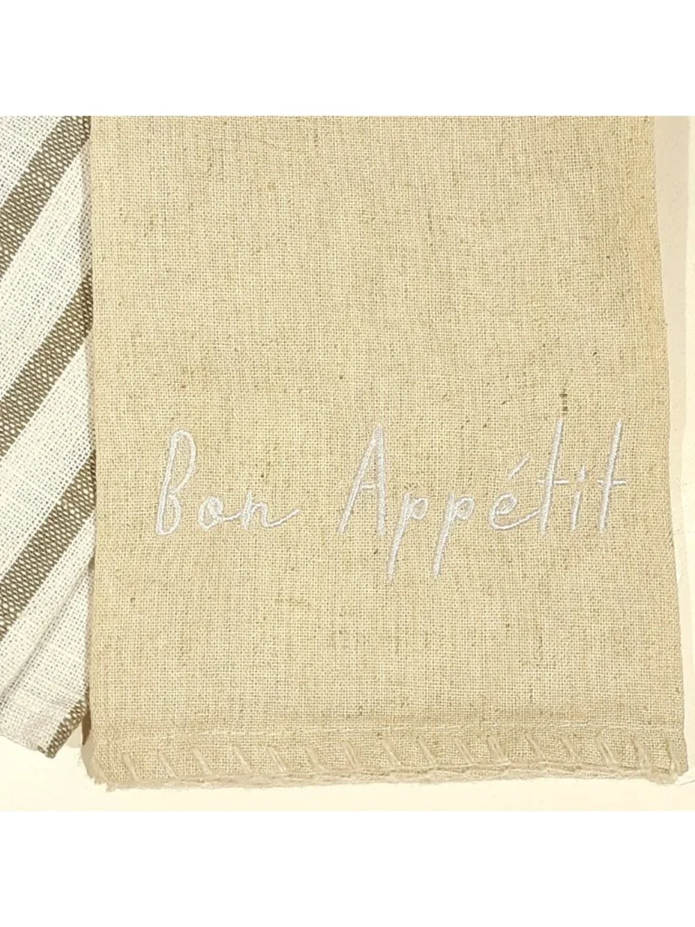 Bon Appetit Embroidered Kitchen Dish Hand Towels Set of 2 Cotton Linen